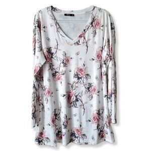 Lily Firmiana Women Tunic Top Blouse XL White Floral Jersey Knit V Neck NEW